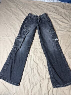 BDG Cargo Jeans Women Size 24 Black Grey Urban Outfitters Wide Leg Distressed